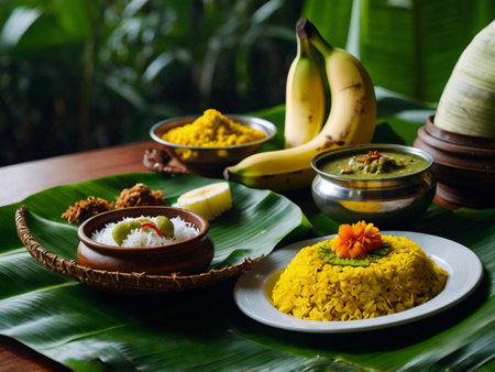 Rice with curry paste and banana on wooden table. Traditional Indian food.の素材