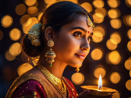Beautiful Indian woman in traditional costume with diwali candleの素材