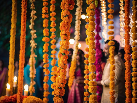 Hindu devotees offering flowers garlands to Goddess Durga for Durga Puja festival.の素材