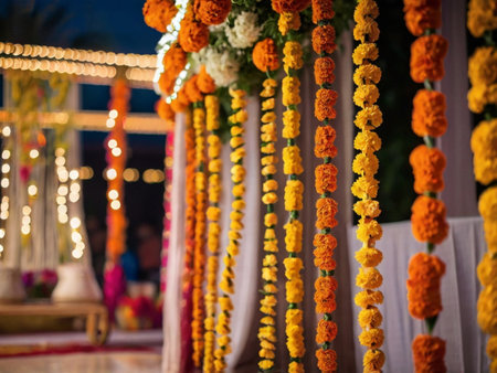 Beautiful garland of orange marigold flowers on the wedding ceremonyの素材