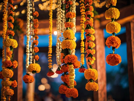 Marigold flower garland for Happy Dussehra festival in Indiaの素材
