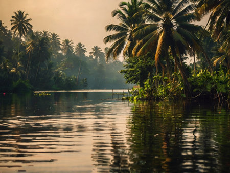 Coconut palm trees on the river bank in Kerala, Indiaの素材