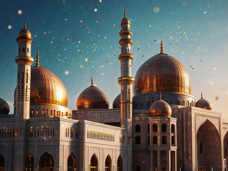 Mosque with golden domes and minarets during sunset.の素材