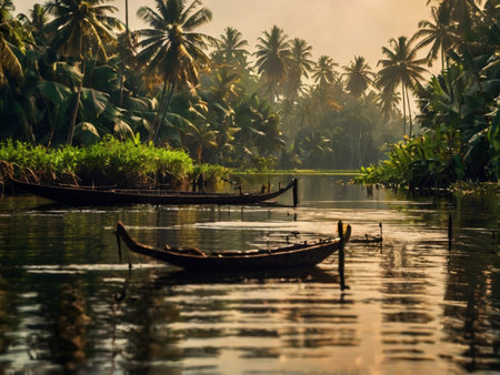 Fisherman boat on the river at sunset, Kerala, Indiaの素材