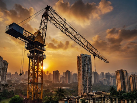 construction site with crane and building under construction with sunset sky backgroundの素材
