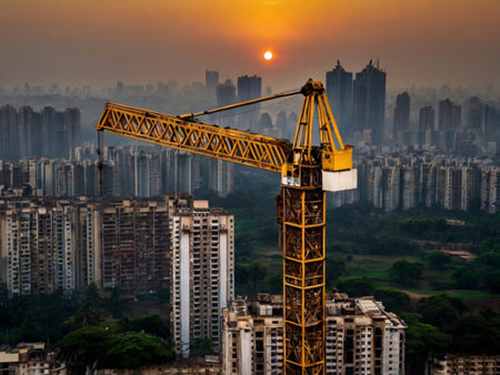 Construction site with yellow tower crane at sunset in Taipei, Taiwanの素材