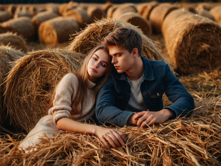 Portrait of a young couple in love on a haystack.の素材