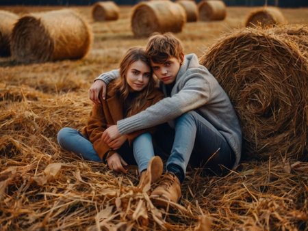 Couple in a field with haystacks. Autumn season.の素材