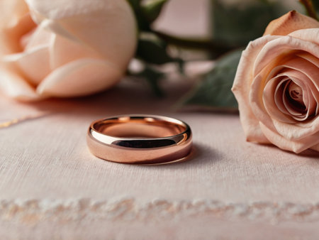 Wedding rings and rose flower on wooden table, closeupの素材