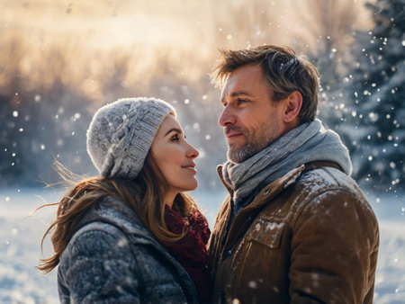 Portrait of a happy young couple in love outdoors in winter.の素材