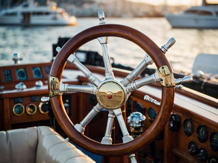 Steering wheel of a yacht in the port of Istanbul, Turkey.の素材