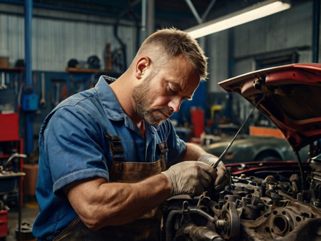 Handsome mature mechanic working on car engine in auto repair shopの素材