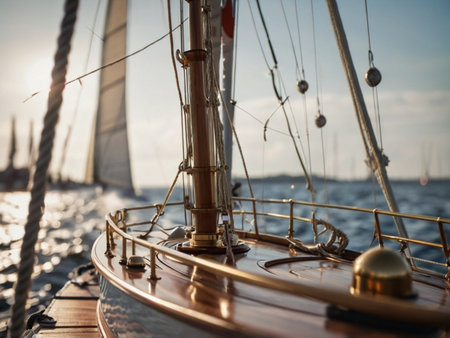 Sailing yacht on the sea at sunset. Close-up.の素材