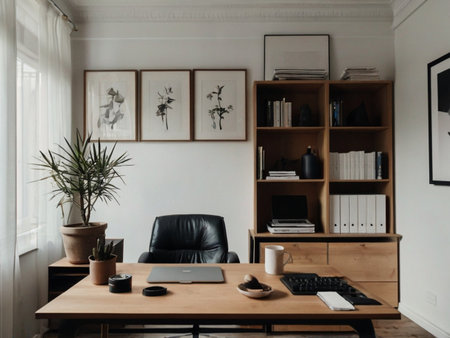 Interior of modern office with wooden furniture, coffee cup and plantsの素材