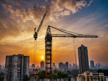 Construction cranes and building under construction at sunset, Bangkok, Thailandの素材