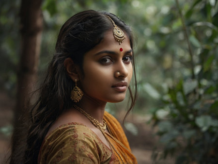 Portrait of a beautiful Indian girl in saree, looking at camera.の素材