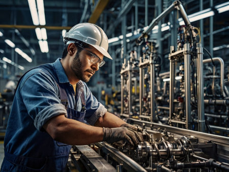 Portrait of serious factory worker standing at production line. This is a freight transportation and distribution warehouse. Industrial and industrial workers conceptの素材