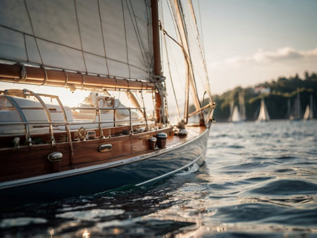 Sailing yacht in the sea at sunset, close-up.の素材