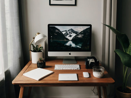 Workplace with computer, laptop, coffee cup and other items on wooden table at home.の素材