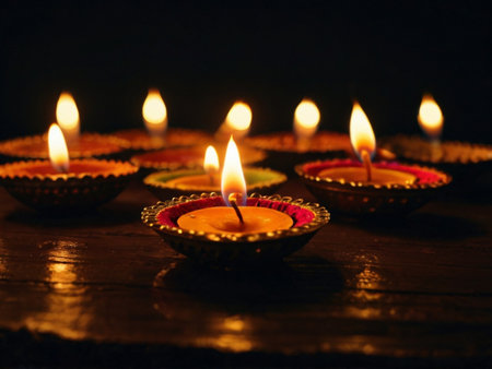 Indian Festival Diwali, Diwali oil lamps lit on colorful rangoli. Hindu traditional.の素材