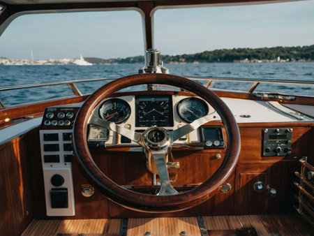 Steering wheel of a yacht on the background of the sea.の素材