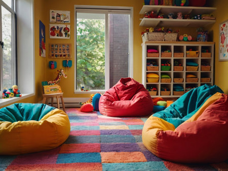 Interior of a child's room with colorful chairs and toys.の素材