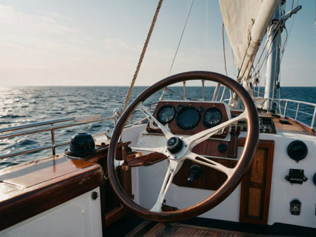 Steering wheel on the deck of a yacht in the open seaの素材
