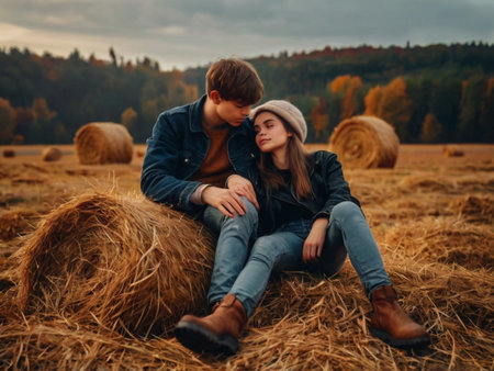 Young couple in love sitting on a haystack in the autumn fieldの素材