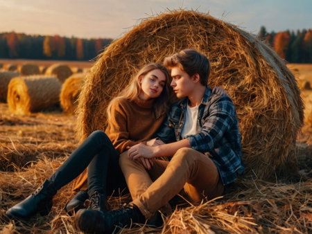 Couple in love sitting on a haystack in the autumn fieldの素材
