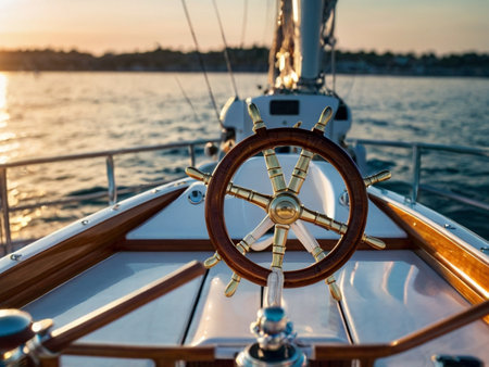 Steering wheel on the deck of a sailing yacht during sunset.の素材