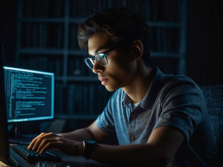 Serious young man in eyeglasses working on computer at nightの素材