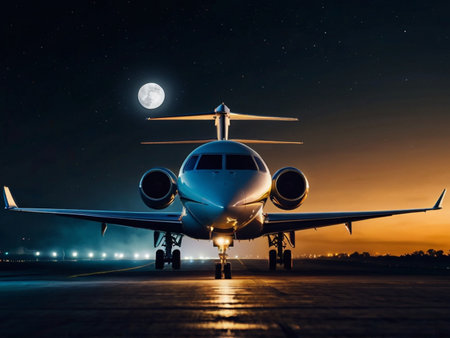 Airplane in the night sky with full moon. Travel concept.の素材