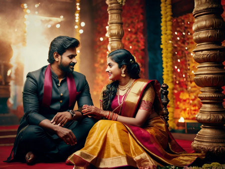 Young Indian couple in traditional saree sitting on red carpet at templeの素材