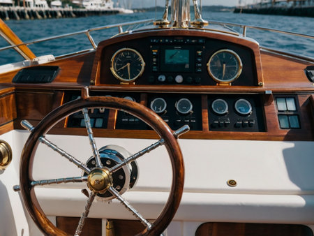Steering wheel of a yacht in the port of Sevastopolの素材