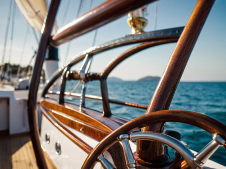 Wooden steering wheel of a yacht on the background of the seaの素材