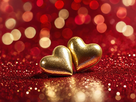 Two golden hearts on red bokeh background. Valentine's day concept.の素材