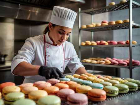 Female chef preparing macarons in the kitchen of a confectioneryの素材