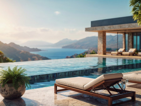 Swimming Pool And Terrace Of The Blur Nature Background.の素材