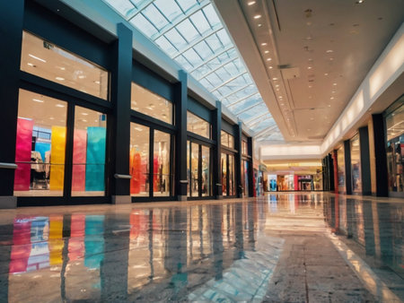 Interior of modern shopping mall with people walking and shopping in department storeの素材