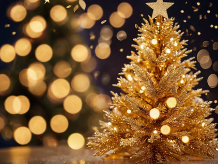 Golden Christmas tree on bokeh background. Merry Christmas and Happy New Yearの素材