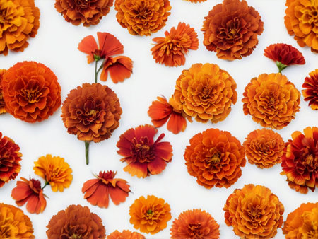 Orange zinnia flowers on white background. Flat lay, top viewの素材