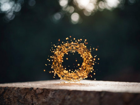 Circle of golden lights on wooden table with bokeh backgroundの素材