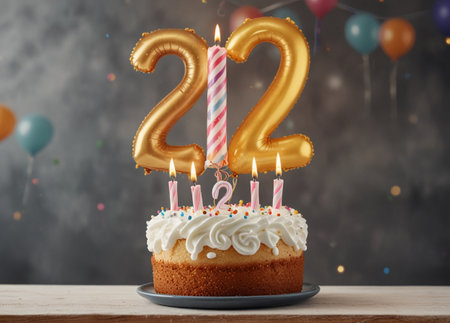 birthday cake with burning candles number twenty two on a gray backgroundの素材
