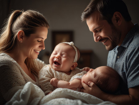 Happy family with newborn baby at home. Mother, father and their daughters.の素材