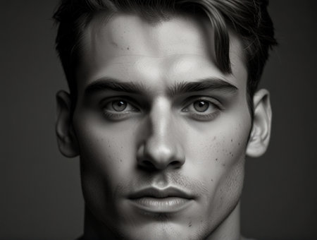 Portrait of a young man. Studio shot. Black and white.の素材