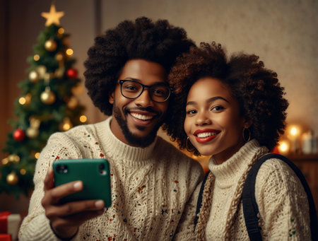 happy african american couple taking selfie with smartphone at christmasの素材