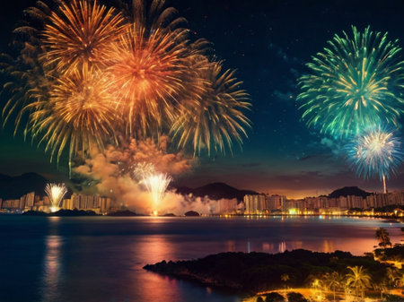Beautiful fireworks over the sea at night in Hong Kong, Chinaの素材