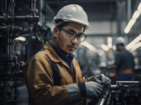 Engineer working on a machine in the factory. Industry and engineering concept.の素材