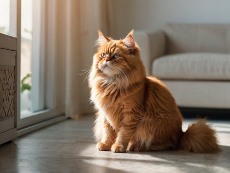 Persian cat sitting on the floor in the living room at homeの素材