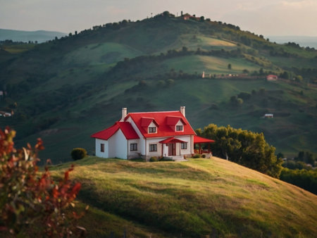 House on the hill at sunset. Tuscany, Italy.の素材